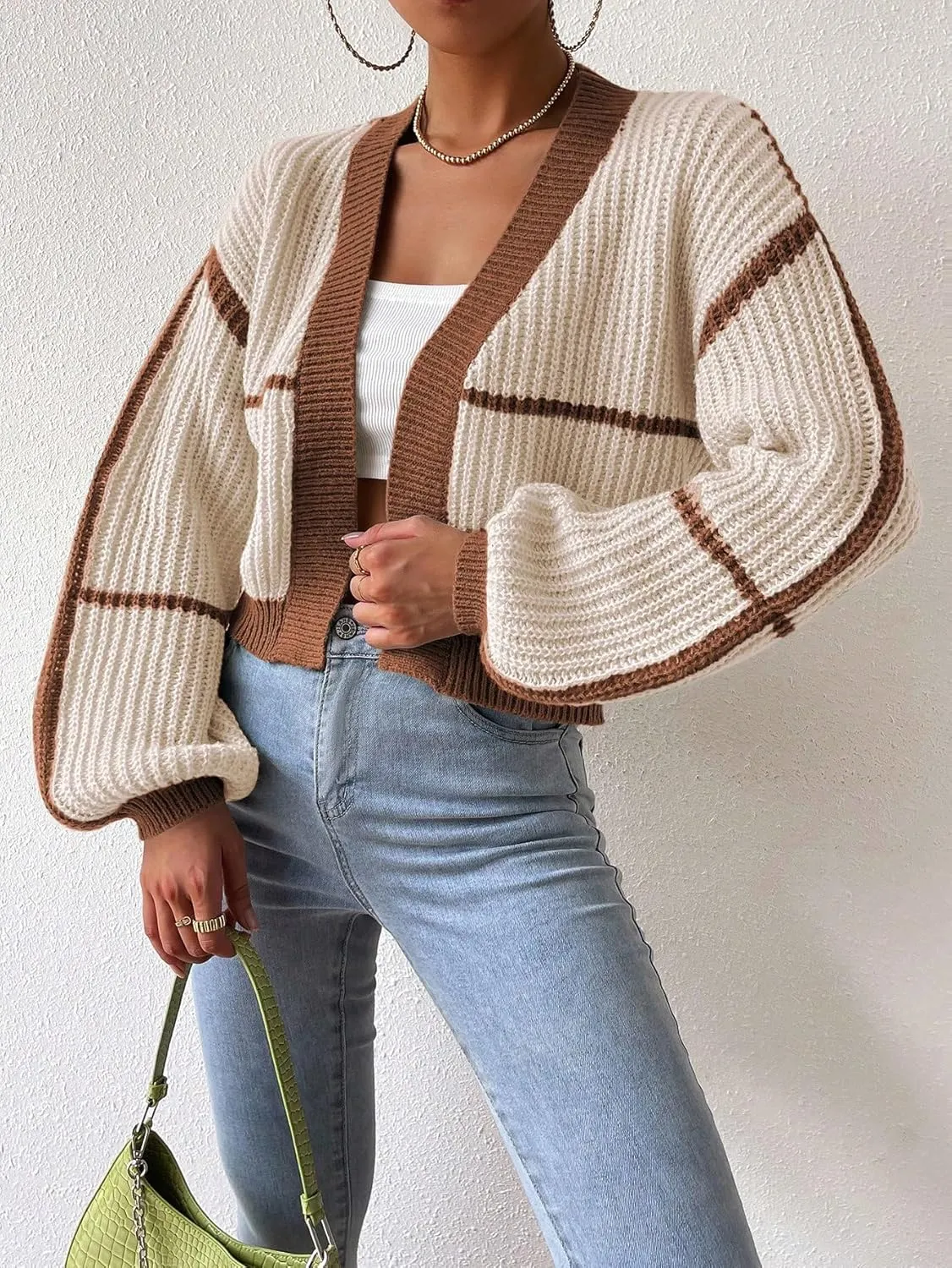COZYEASE Women's Color Block Crop Cardigan Top Bishop Long Sleeve Open Front Sweater