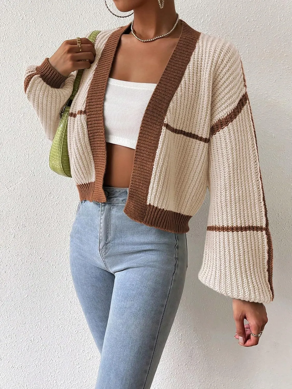 COZYEASE Women's Color Block Crop Cardigan Top Bishop Long Sleeve Open Front Sweater