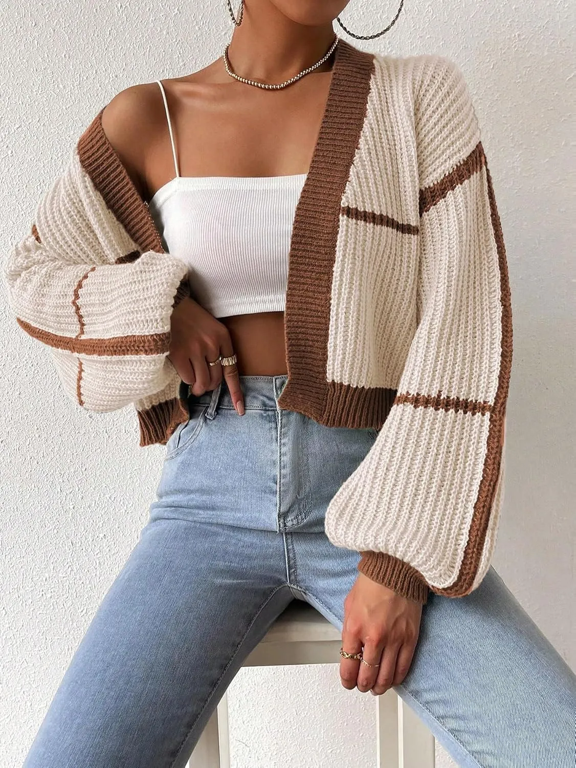 COZYEASE Women's Color Block Crop Cardigan Top Bishop Long Sleeve Open Front Sweater
