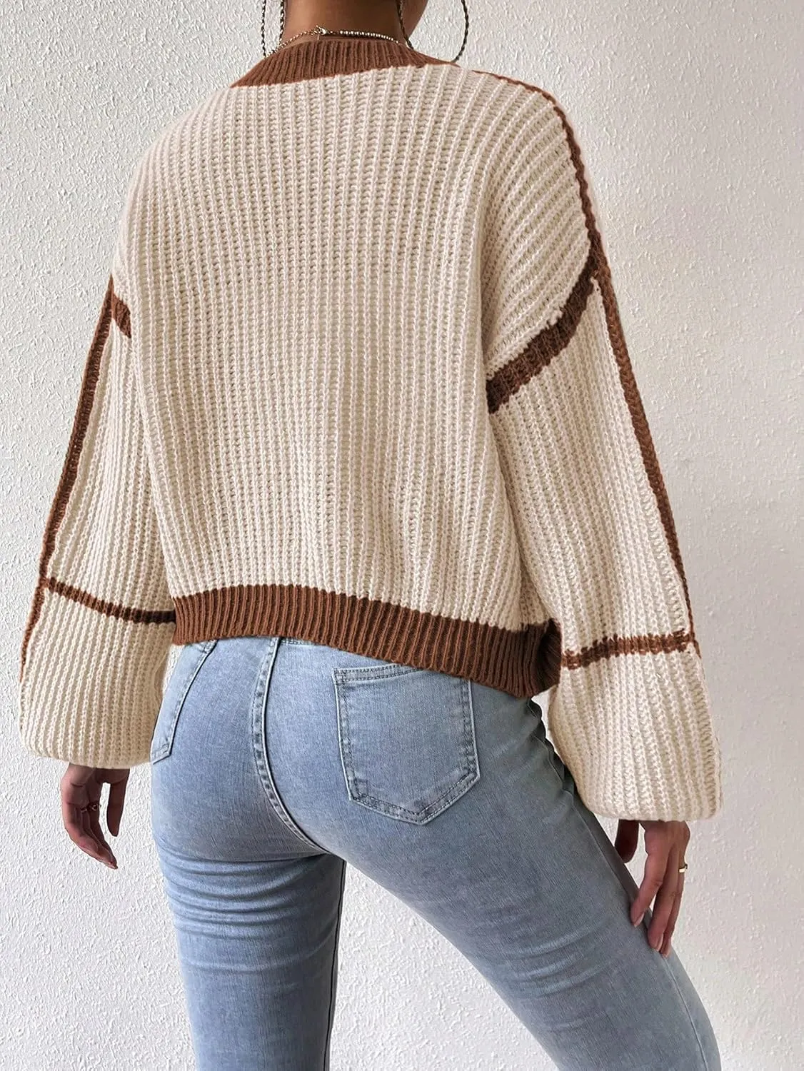 COZYEASE Women's Color Block Crop Cardigan Top Bishop Long Sleeve Open Front Sweater