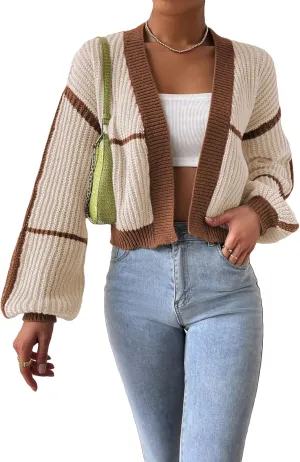 COZYEASE Women's Color Block Crop Cardigan Top Bishop Long Sleeve Open Front Sweater