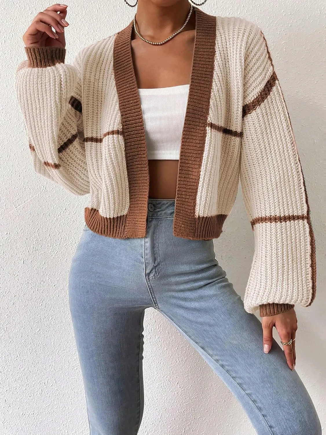 COZYEASE Women's Color Block Crop Cardigan Top Bishop Long Sleeve Open Front Sweater