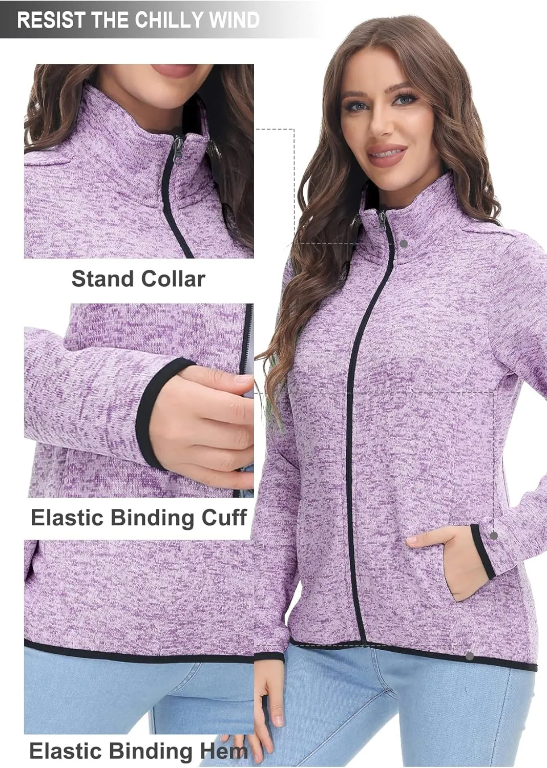 COZZIPLUS Women Zip Up Sweater Jacket with Fleece Interior, Warm Knitted Fleece Jacket with Pockets