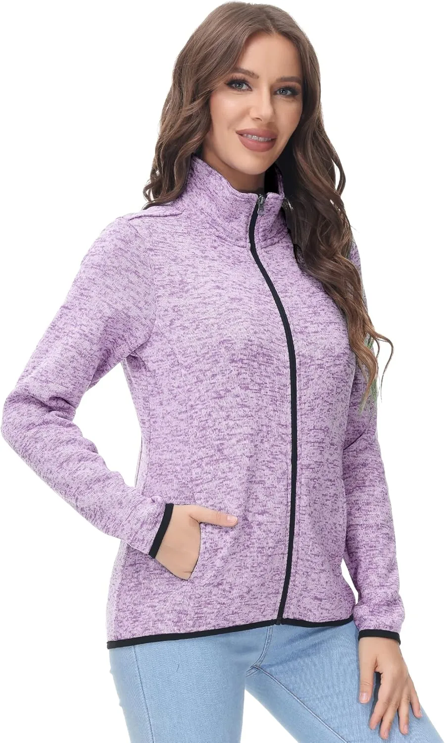 COZZIPLUS Women Zip Up Sweater Jacket with Fleece Interior, Warm Knitted Fleece Jacket with Pockets