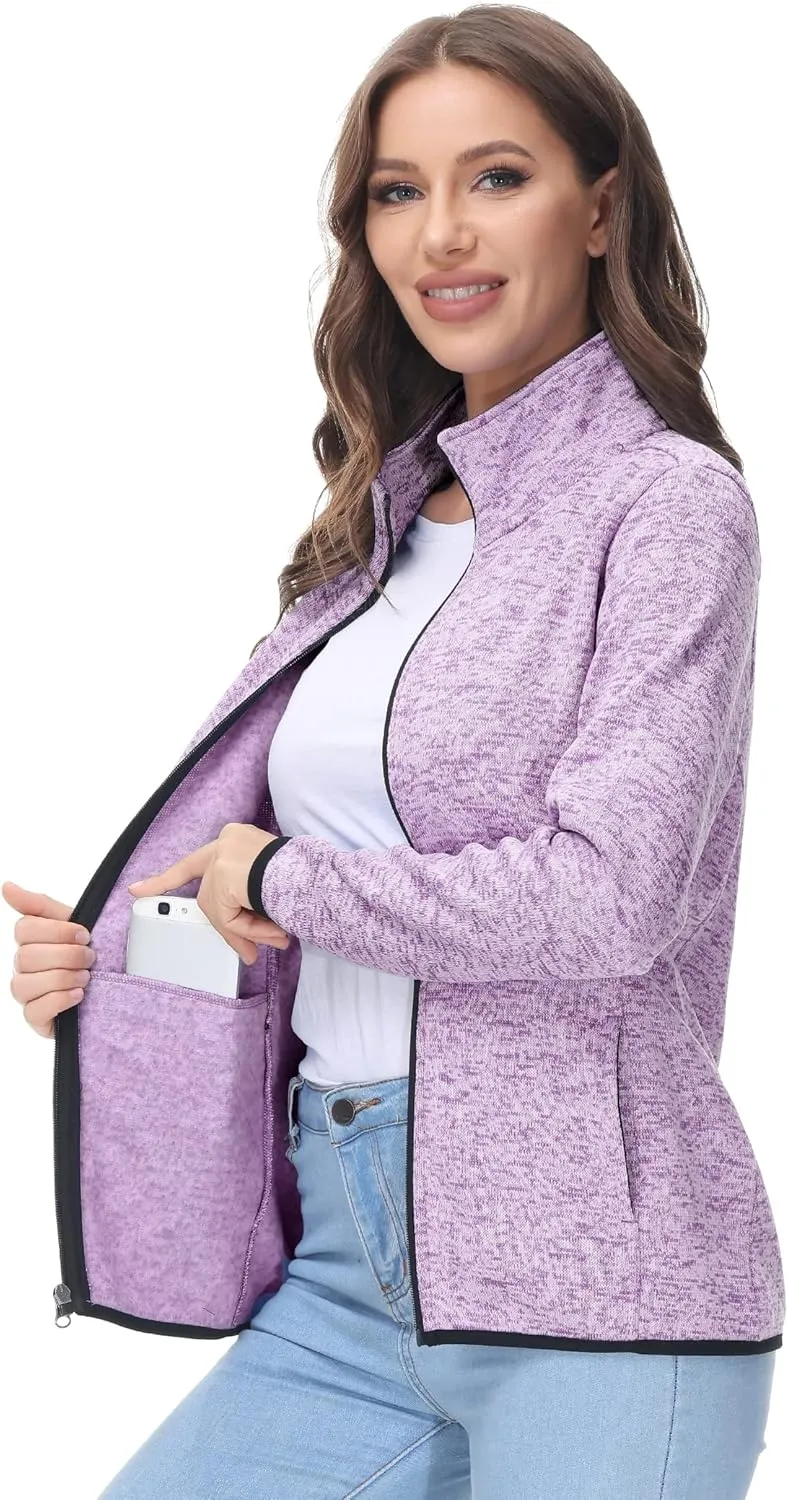 COZZIPLUS Women Zip Up Sweater Jacket with Fleece Interior, Warm Knitted Fleece Jacket with Pockets