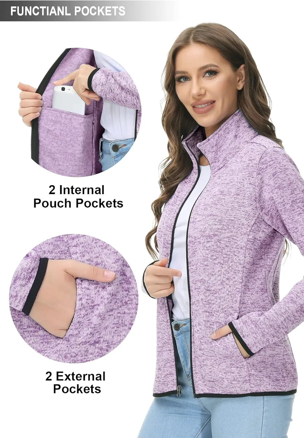 COZZIPLUS Women Zip Up Sweater Jacket with Fleece Interior, Warm Knitted Fleece Jacket with Pockets