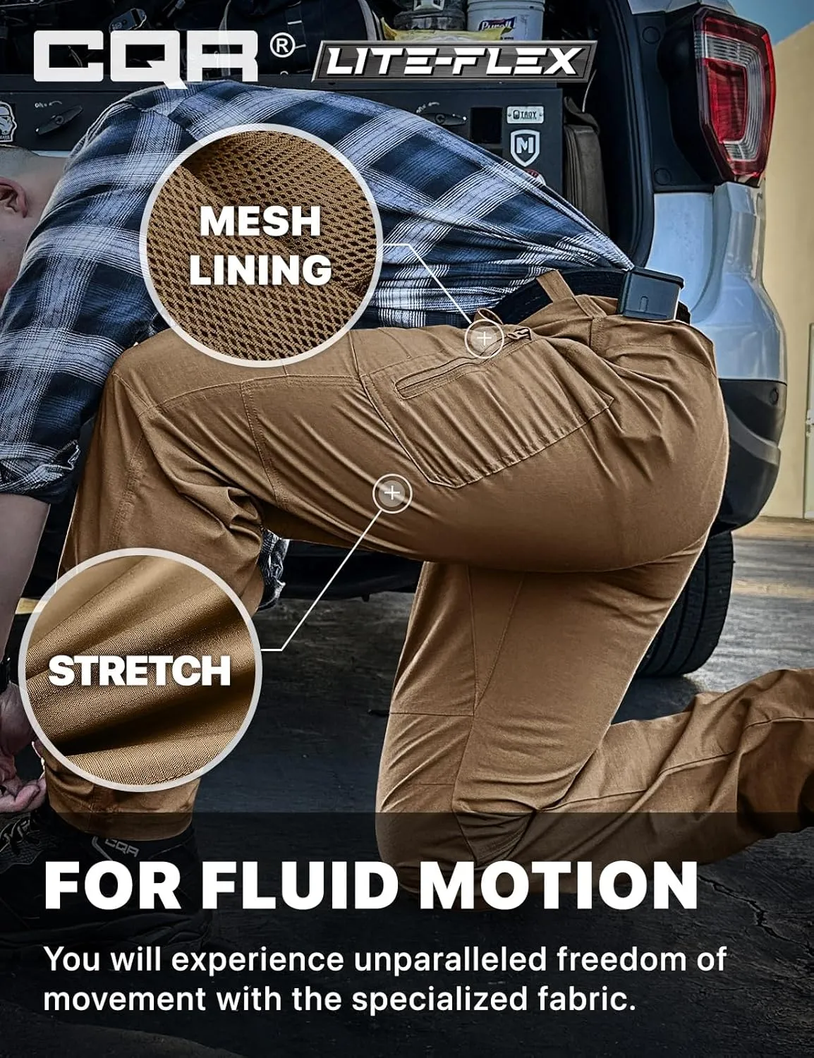 CQR Men's Utility Flex Cargo Pants, Classic-Fit Casual Stretch Work Pants, Water Resistant Lightweight Tactical Hiking Pants