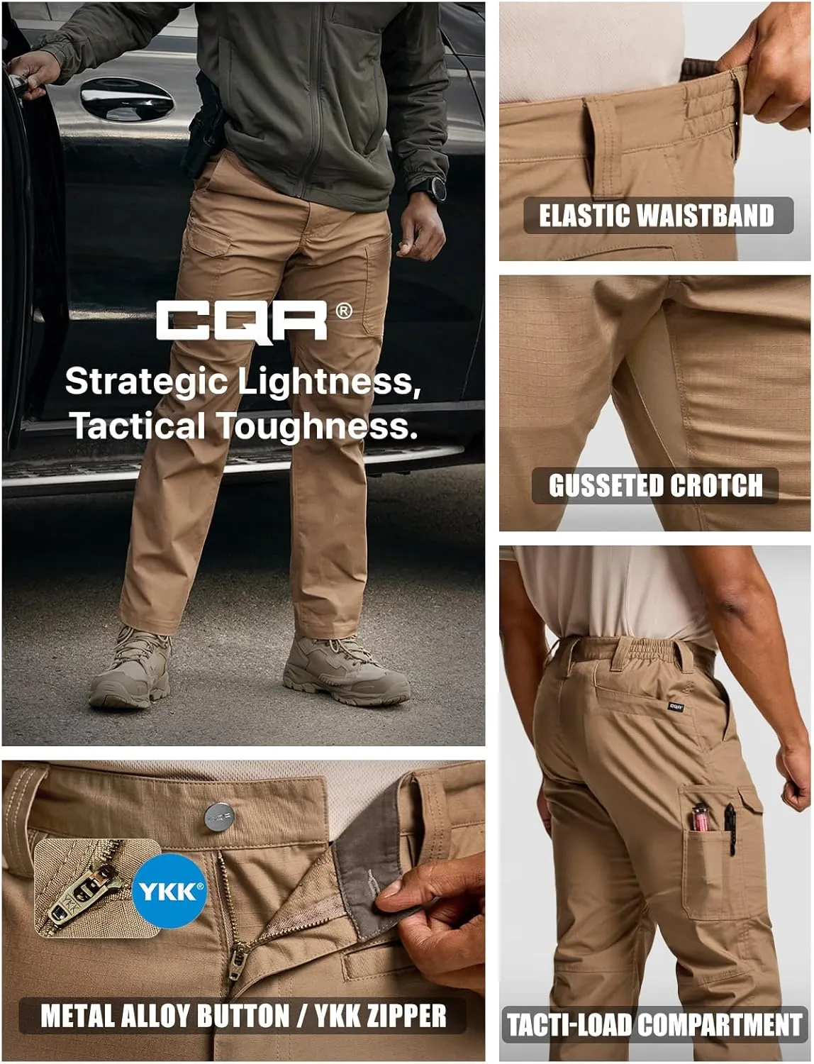 CQR Men's Utility Flex Cargo Pants, Classic-Fit Casual Stretch Work Pants, Water Resistant Lightweight Tactical Hiking Pants