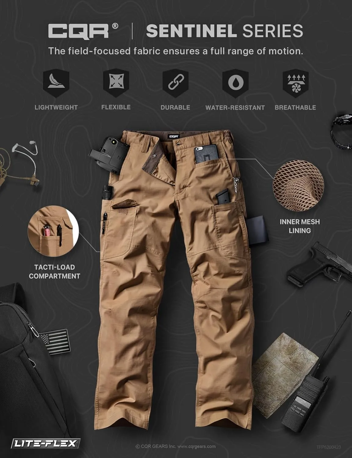 CQR Men's Utility Flex Cargo Pants, Classic-Fit Casual Stretch Work Pants, Water Resistant Lightweight Tactical Hiking Pants