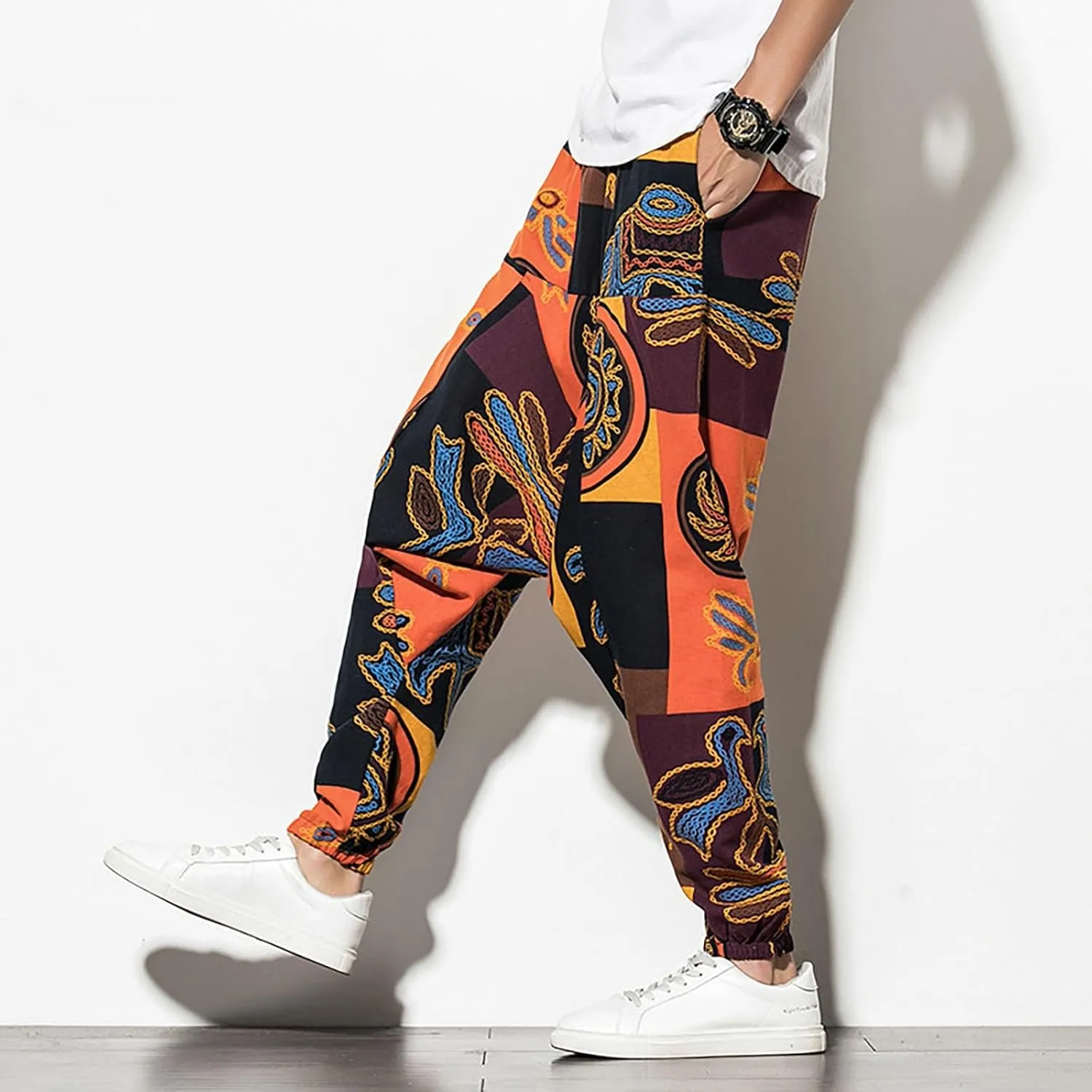 CRNTCEM Mens Printed Harem Pants Baggy Drop Crotch Boho Hippie Pants Straigth Leg Cotton Atheltic Yoga Trousers