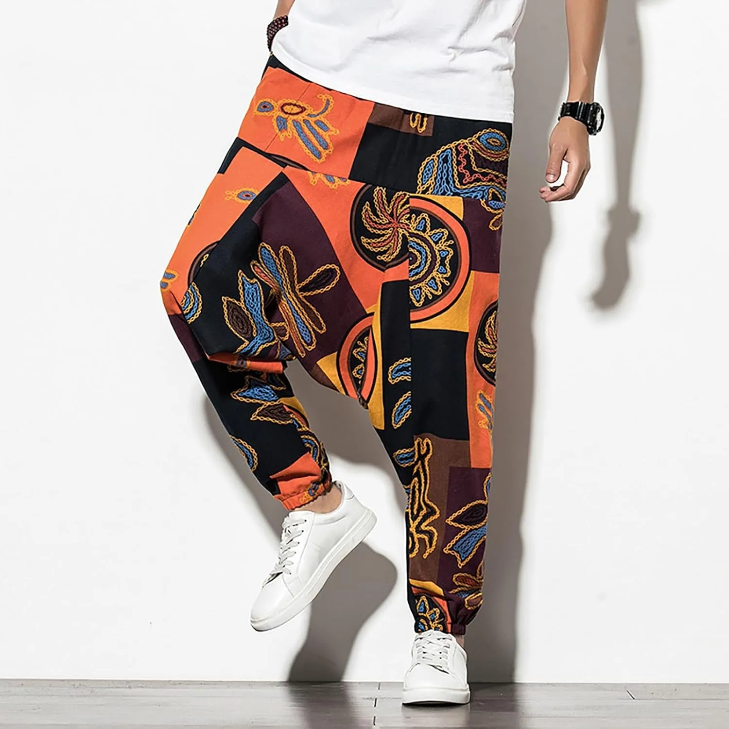 CRNTCEM Mens Printed Harem Pants Baggy Drop Crotch Boho Hippie Pants Straigth Leg Cotton Atheltic Yoga Trousers