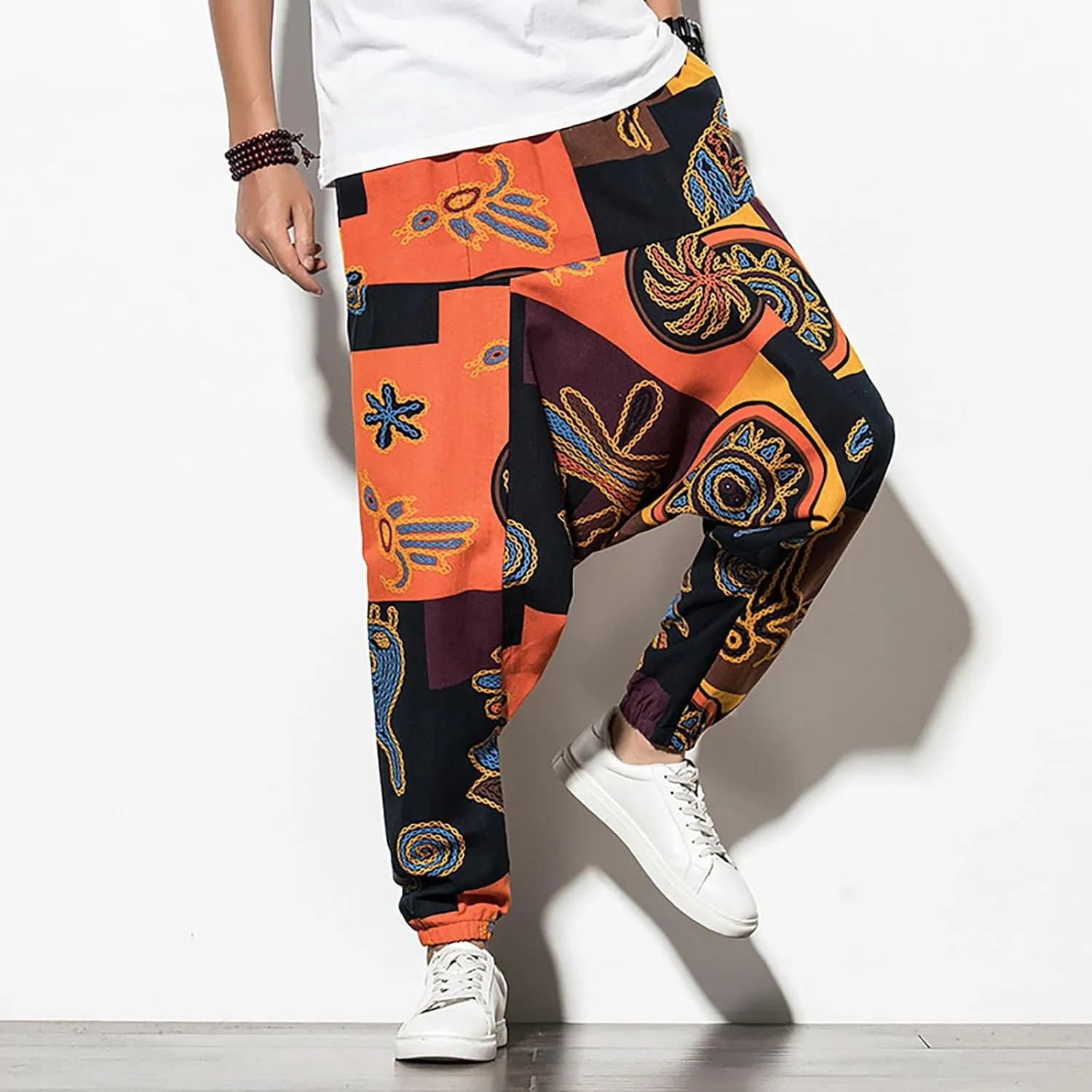 CRNTCEM Mens Printed Harem Pants Baggy Drop Crotch Boho Hippie Pants Straigth Leg Cotton Atheltic Yoga Trousers
