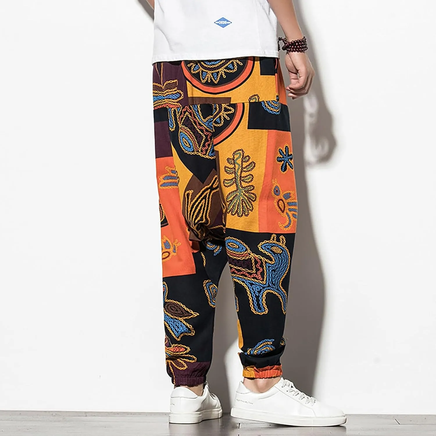 CRNTCEM Mens Printed Harem Pants Baggy Drop Crotch Boho Hippie Pants Straigth Leg Cotton Atheltic Yoga Trousers
