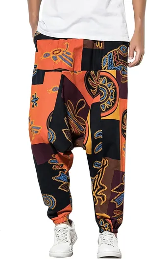 CRNTCEM Mens Printed Harem Pants Baggy Drop Crotch Boho Hippie Pants Straigth Leg Cotton Atheltic Yoga Trousers