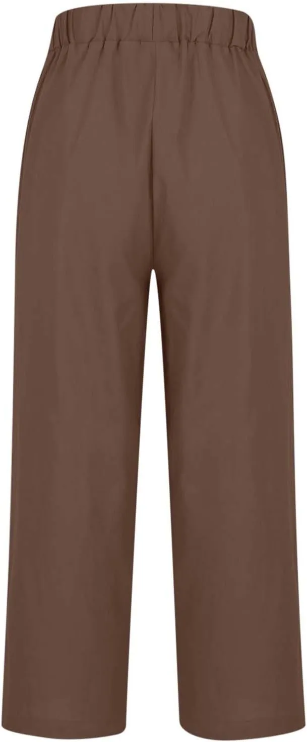 Cropped Linen Pants for Women Casual Lightweight Summer Pant Elastic Waist Plus Size Hiking Beach Trousers with Pocket