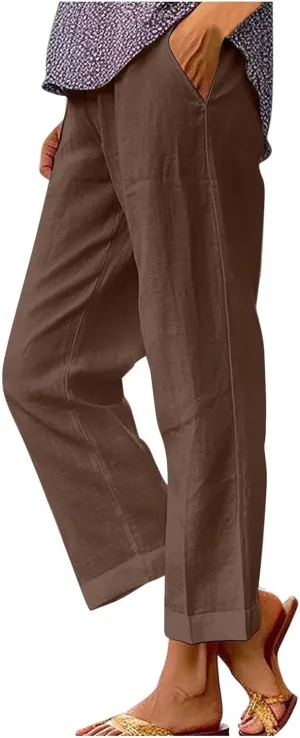 Cropped Linen Pants for Women Casual Lightweight Summer Pant Elastic Waist Plus Size Hiking Beach Trousers with Pocket