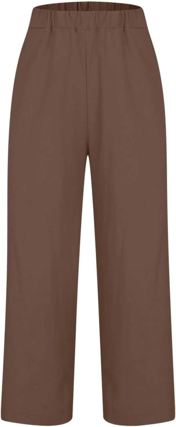 Cropped Linen Pants for Women Casual Lightweight Summer Pant Elastic Waist Plus Size Hiking Beach Trousers with Pocket