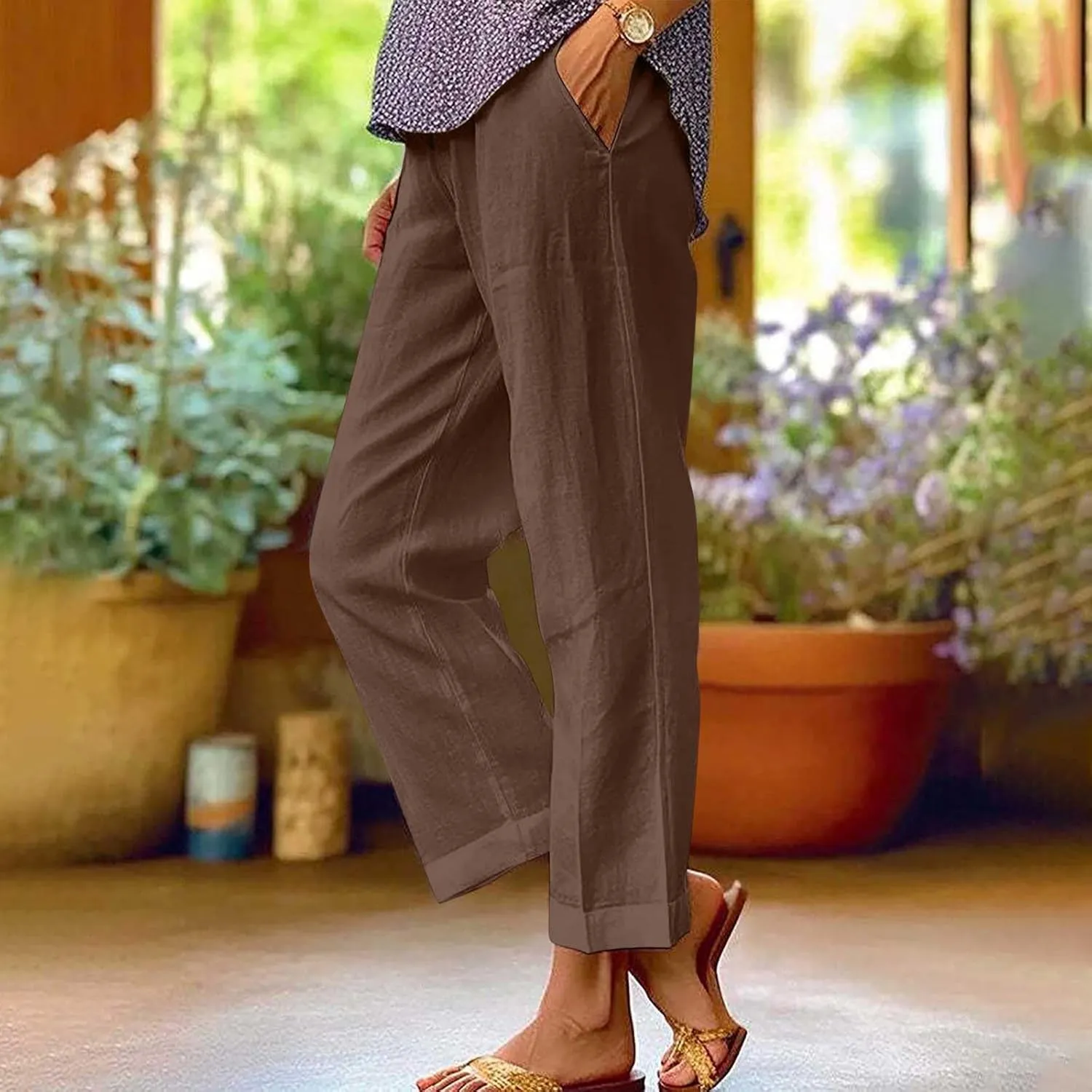 Cropped Linen Pants for Women Casual Lightweight Summer Pant Elastic Waist Plus Size Hiking Beach Trousers with Pocket