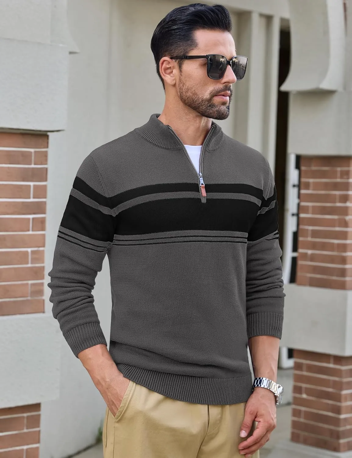 CRYSULLY Mens Sweater 1/4 Zip Cotton Polo Pullover Sweaters Casual Fall Winter Spring Striped Sweatshirts