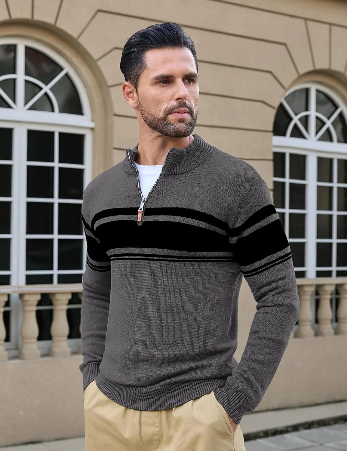 CRYSULLY Mens Sweater 1/4 Zip Cotton Polo Pullover Sweaters Casual Fall Winter Spring Striped Sweatshirts