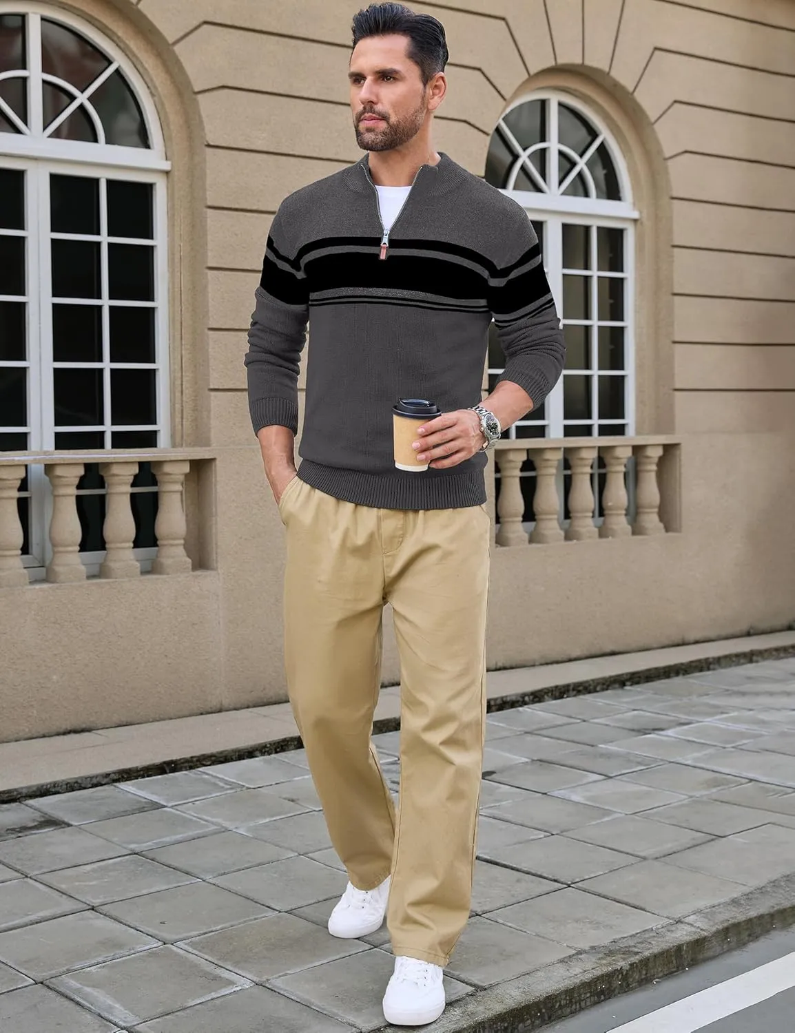 CRYSULLY Mens Sweater 1/4 Zip Cotton Polo Pullover Sweaters Casual Fall Winter Spring Striped Sweatshirts