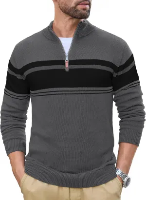 CRYSULLY Mens Sweater 1/4 Zip Cotton Polo Pullover Sweaters Casual Fall Winter Spring Striped Sweatshirts