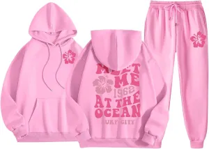 Cute 2 Piece Outfits for Women Teen Girls Preppy Puff 2024 Fall Fleece Pocket Drawstring Pullover Oversized Sweatpant