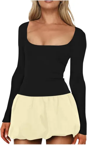 Cute Bubble Mini Dress for Women Slim Fit Scoop Neck Tops Patchwork Dresses Long Sleeve Y2K Color Block Short Dress
