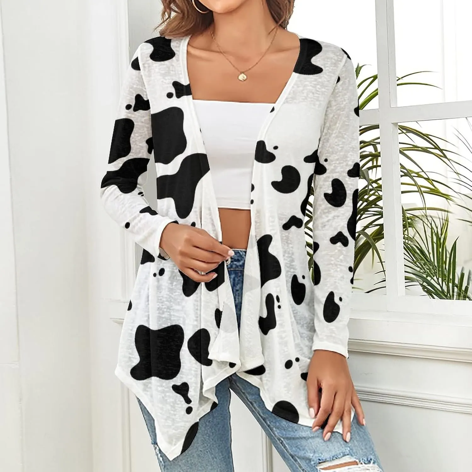 Dairy Cow Pattern Animal Women's Knitted Cardigan for Women Summer Top L