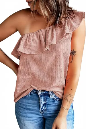 Dokotoo Womens One Shoulder Tops Ruffled Solid Tunic Shirts Sleeveless Loose Tank Top