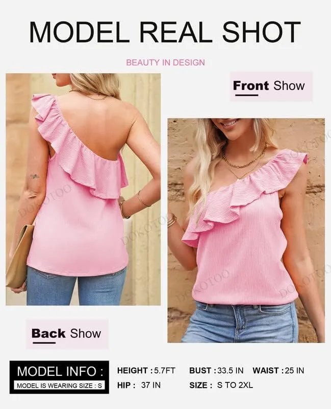 Dokotoo Womens One Shoulder Tops Ruffled Solid Tunic Shirts Sleeveless Loose Tank Top
