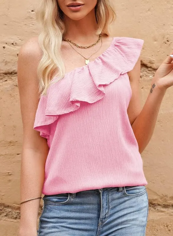 Dokotoo Womens One Shoulder Tops Ruffled Solid Tunic Shirts Sleeveless Loose Tank Top