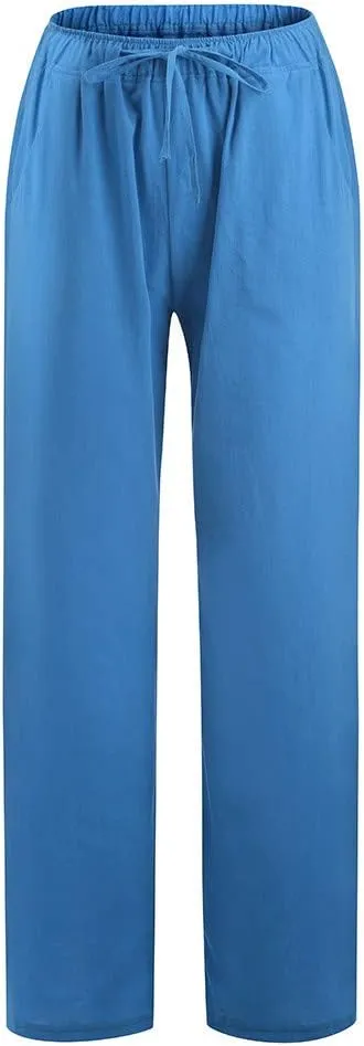 Drawstring Pants for Womens Solid Color Trousers Summer Causal Loose Fit Cotton Wide Leg Comfy Lounge Pants with Pockets