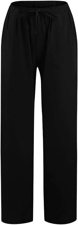 Drawstring Pants for Womens Solid Color Trousers Summer Causal Loose Fit Cotton Wide Leg Comfy Lounge Pants with Pockets