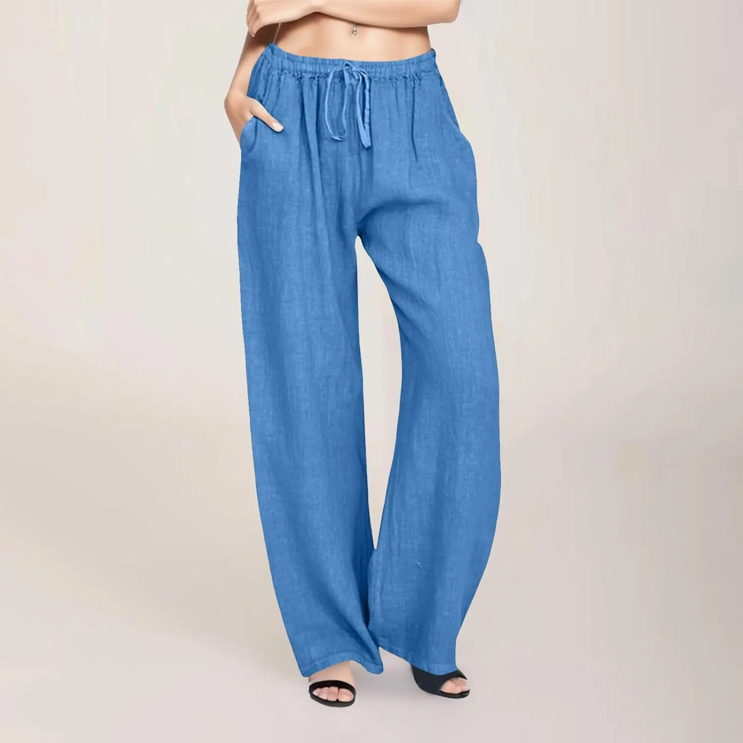 Drawstring Pants for Womens Solid Color Trousers Summer Causal Loose Fit Cotton Wide Leg Comfy Lounge Pants with Pockets