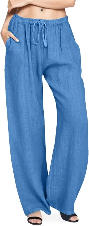 Drawstring Pants for Womens Solid Color Trousers Summer Causal Loose Fit Cotton Wide Leg Comfy Lounge Pants with Pockets