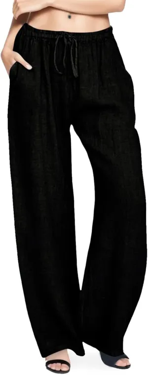 Drawstring Pants for Womens Solid Color Trousers Summer Causal Loose Fit Cotton Wide Leg Comfy Lounge Pants with Pockets