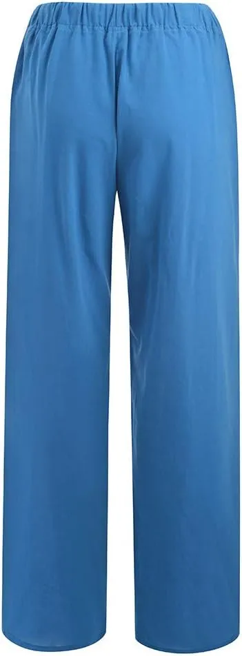 Drawstring Pants for Womens Solid Color Trousers Summer Causal Loose Fit Cotton Wide Leg Comfy Lounge Pants with Pockets
