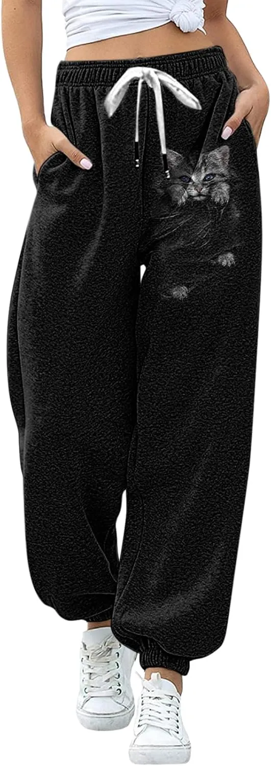Drawstring Sweatpants for Women with Pockets, Women's Butterfly Sport Pants Elastic Waist Jogger Trousers Plus Size