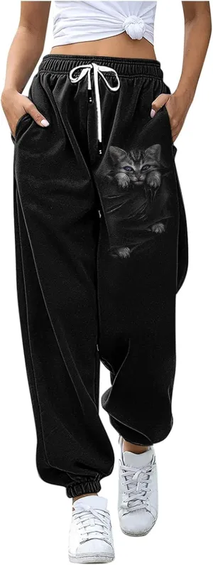 Drawstring Sweatpants for Women with Pockets, Women's Butterfly Sport Pants Elastic Waist Jogger Trousers Plus Size