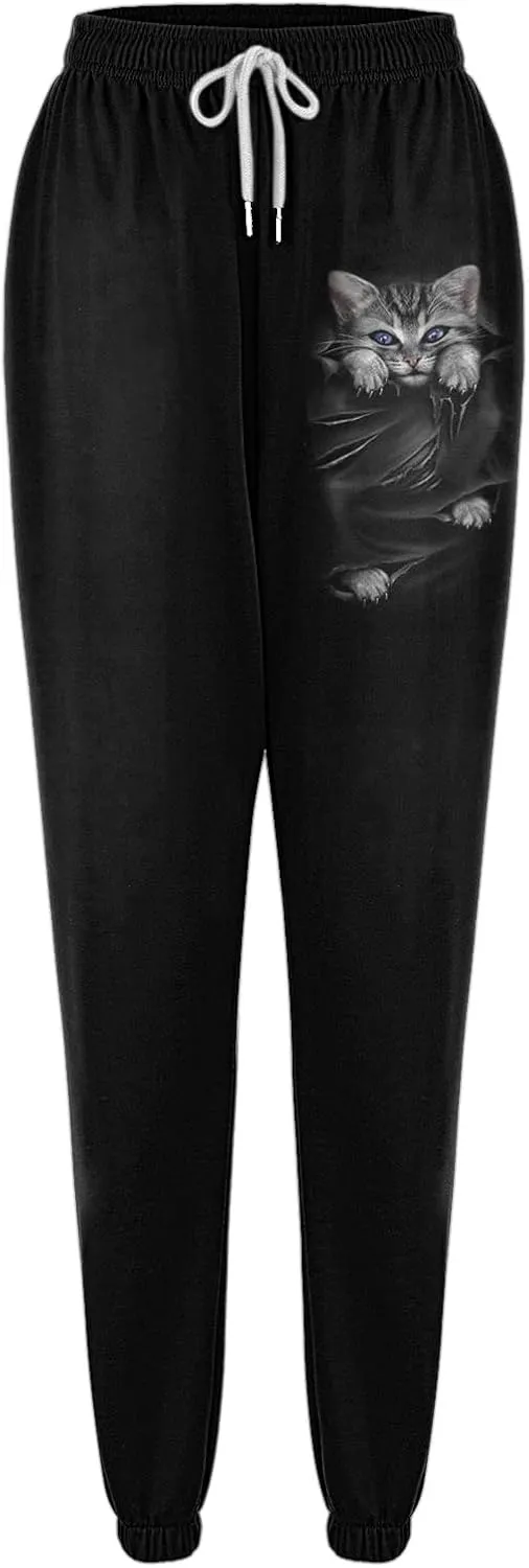 Drawstring Sweatpants for Women with Pockets, Women's Butterfly Sport Pants Elastic Waist Jogger Trousers Plus Size