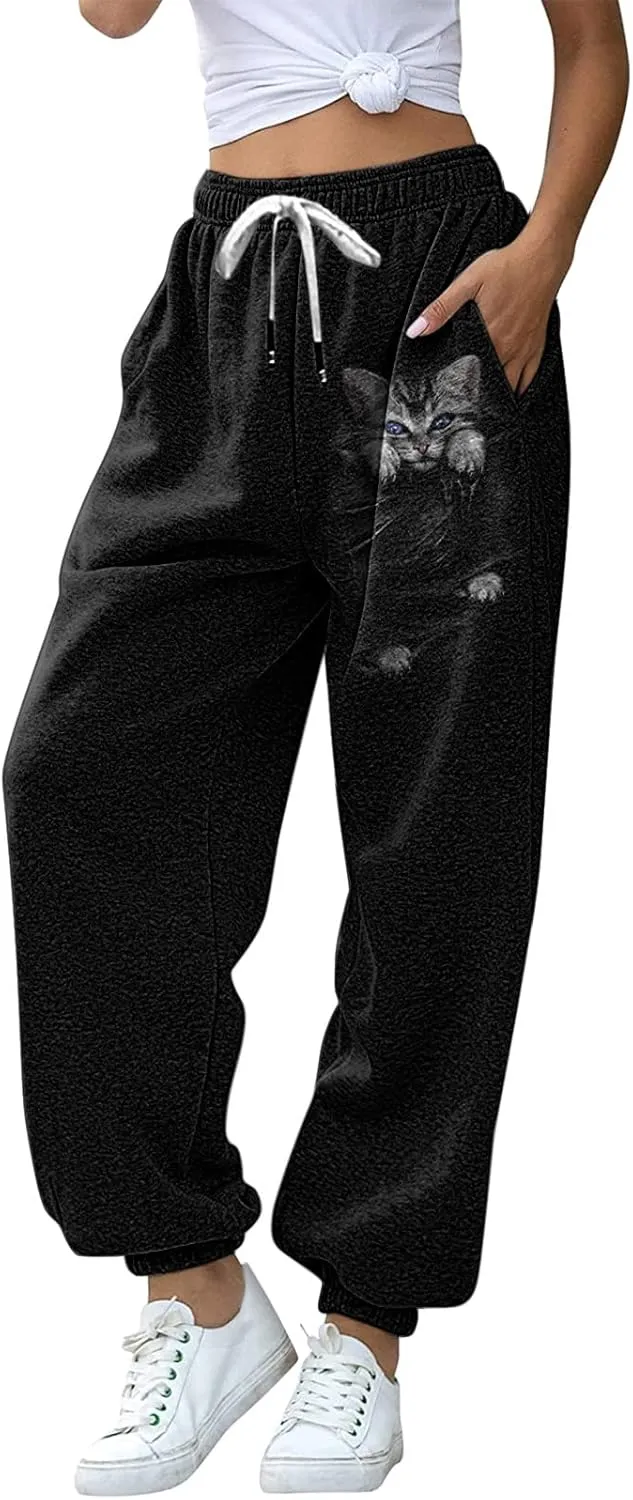 Drawstring Sweatpants for Women with Pockets, Women's Butterfly Sport Pants Elastic Waist Jogger Trousers Plus Size