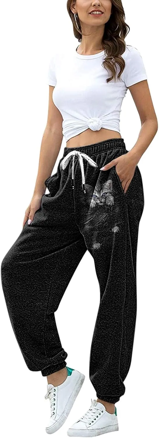 Drawstring Sweatpants for Women with Pockets, Women's Butterfly Sport Pants Elastic Waist Jogger Trousers Plus Size