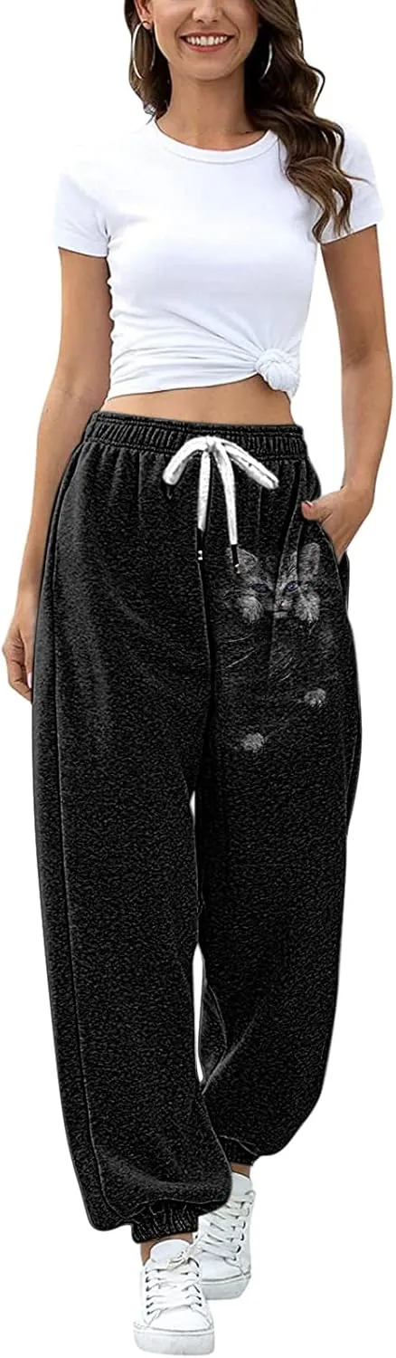 Drawstring Sweatpants for Women with Pockets, Women's Butterfly Sport Pants Elastic Waist Jogger Trousers Plus Size