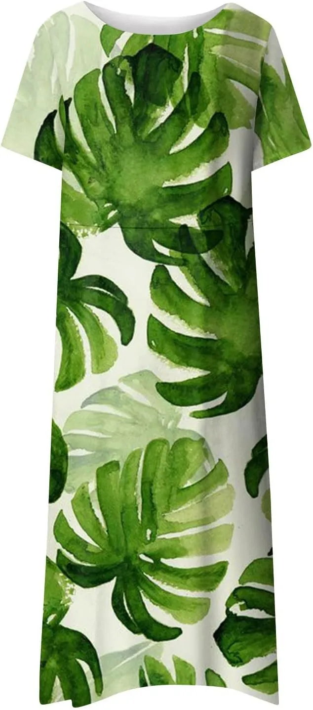 Dresses for Women 2024 Printed Pocket Long Dresses Pleated Short Sleeve Beach Dress Round Neck Comfy Maxi Dress
