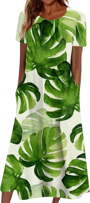 Dresses for Women 2024 Printed Pocket Long Dresses Pleated Short Sleeve Beach Dress Round Neck Comfy Maxi Dress