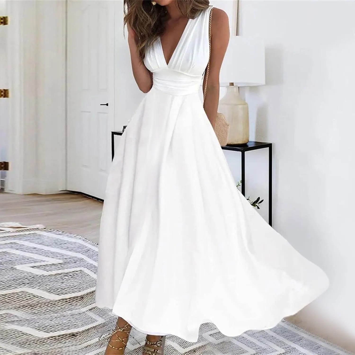 Dresses for Women 2025 Sleeveless Floral Print Sundress Wrap V Neck Flowy Ruched Boho Dress High Waist Maxi Dress