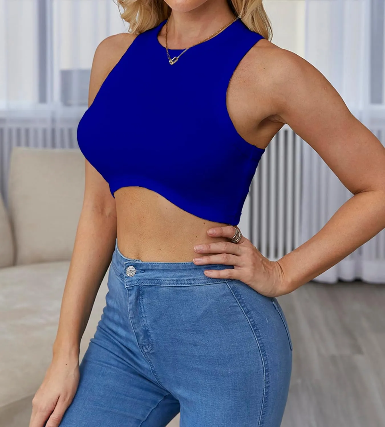Dwnval Sexy Sleeveless Crewneck Tank Top Ribbed Knitted Crop Tops for Women