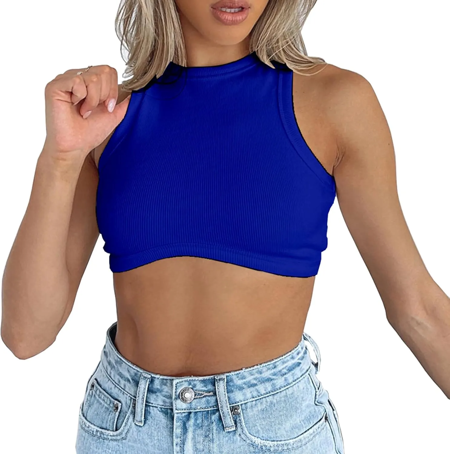 Dwnval Sexy Sleeveless Crewneck Tank Top Ribbed Knitted Crop Tops for Women