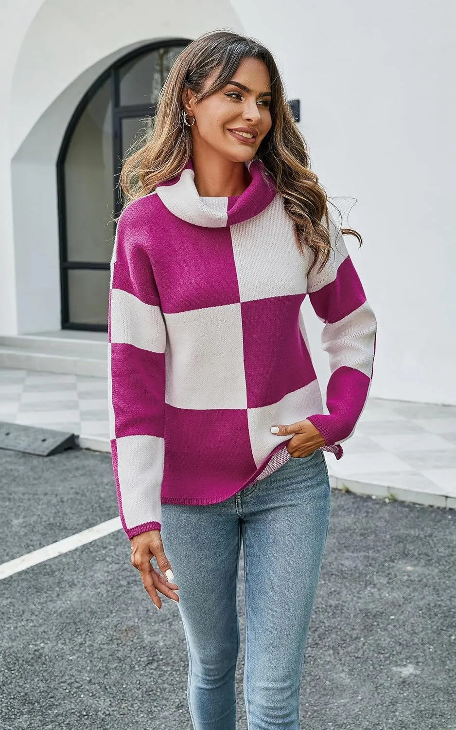 ECOWISH Women Fall Pullover Sweater Turtleneck Plaid Long Sleeve Loose Casual Chunky Checked Knit Winter Sweaters Jumper Tops